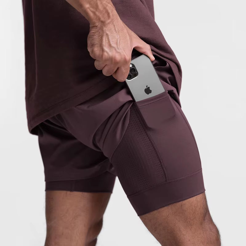 2025 New Breathabledouble Layersport Shorts Gyms Fitness Bodybuilding Workout Quick Dry Beach 2 in 1 Shorts Male Running Shorts