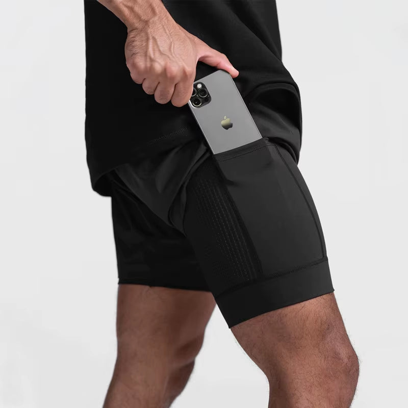 2025 New Breathabledouble Layersport Shorts Gyms Fitness Bodybuilding Workout Quick Dry Beach 2 in 1 Shorts Male Running Shorts