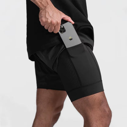 2025 New Breathabledouble Layersport Shorts Gyms Fitness Bodybuilding Workout Quick Dry Beach 2 in 1 Shorts Male Running Shorts