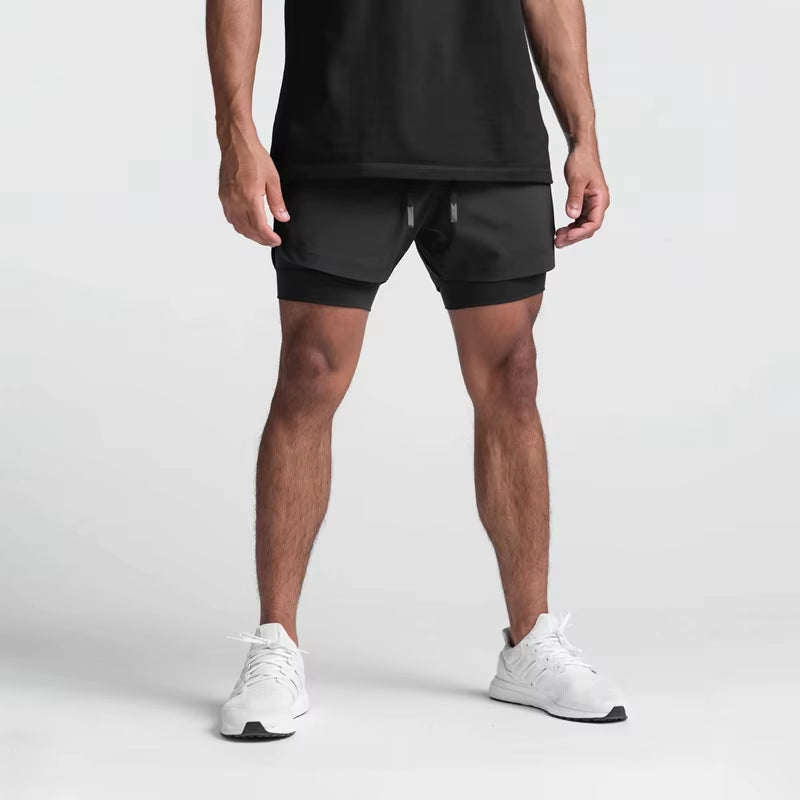 2025 New Breathabledouble Layersport Shorts Gyms Fitness Bodybuilding Workout Quick Dry Beach 2 in 1 Shorts Male Running Shorts